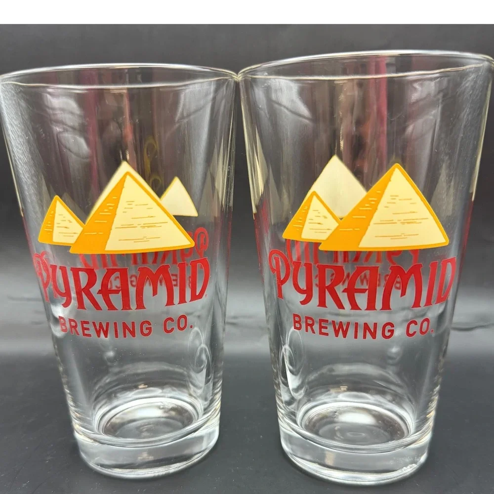 Pyramid Brewing Co Pint Glass Set of 2 Yellow Pyramid Logo Clear Beer Glasses 6